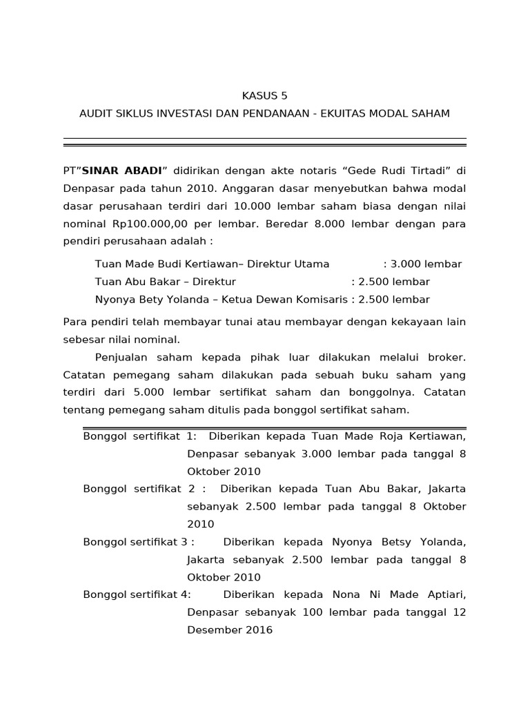 Audit Modal Saham PT Sinar Abadi 2016 | PDF