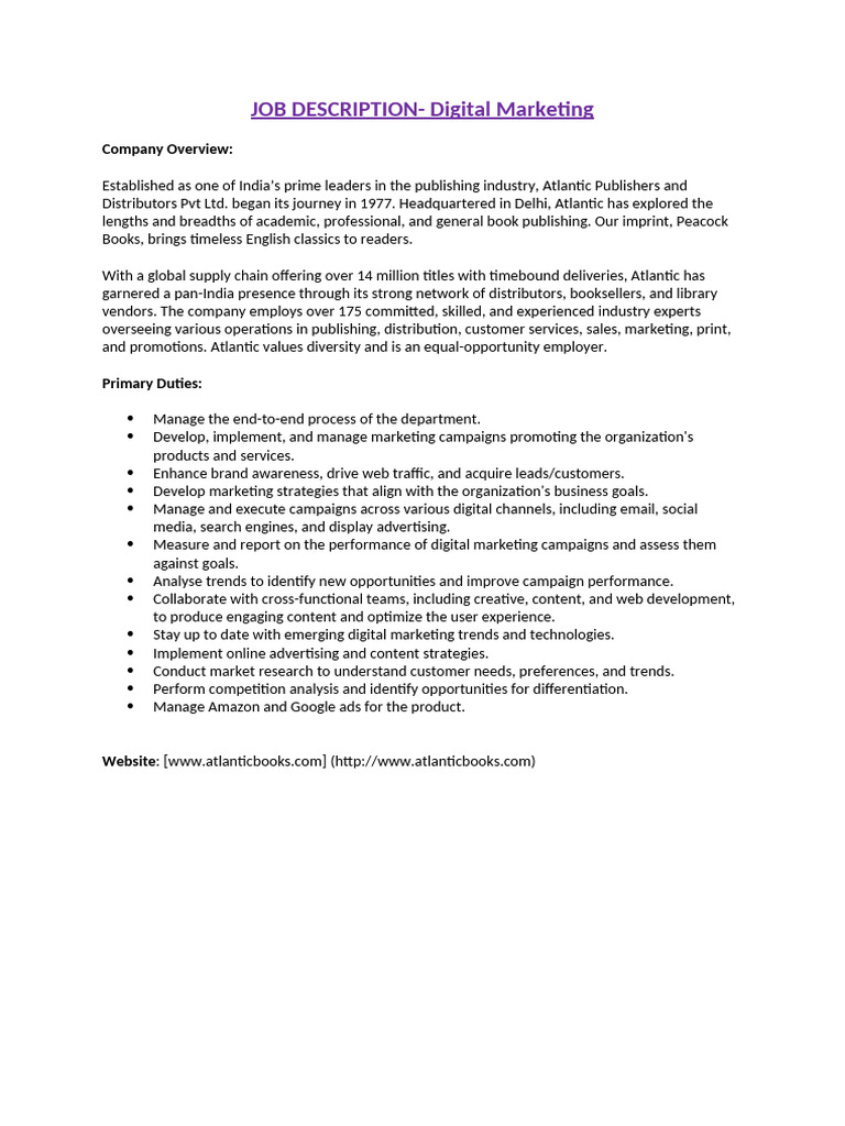 Digital Marketing Job Description | PDF