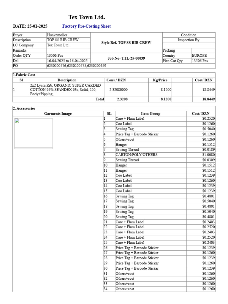 Tex Town Ltd. Factory Pre-Costing Sheet | PDF | Clothing | Textile Arts