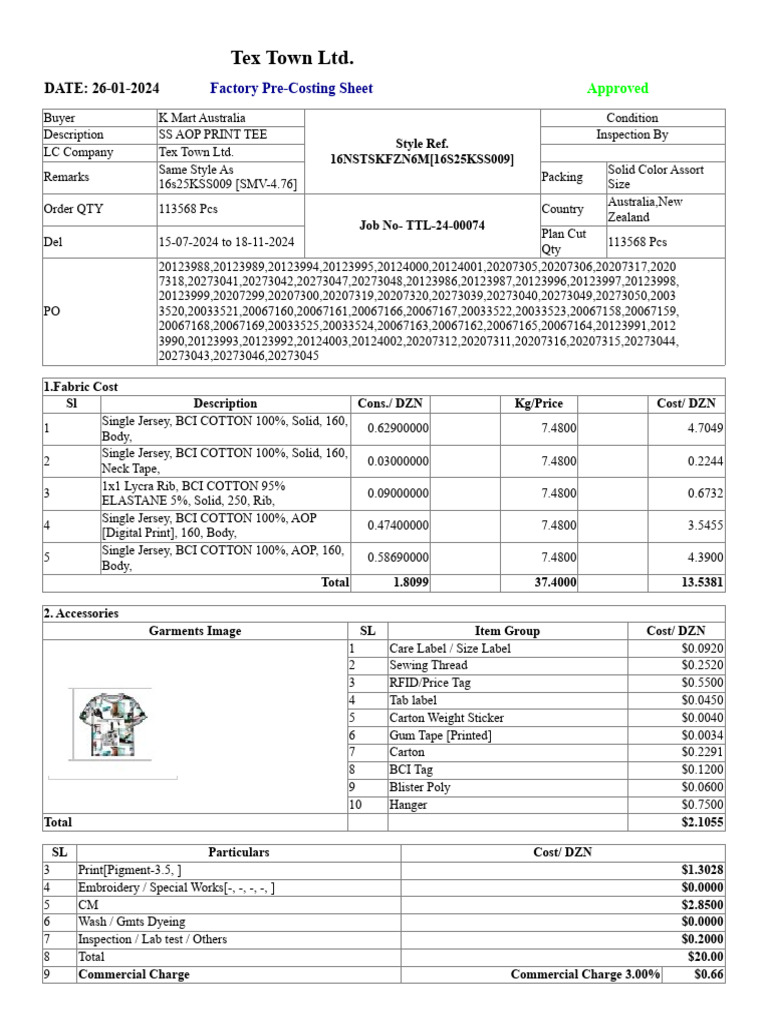 Tex Town Factory Pre-Costing Sheet | PDF | Clothing | Textile Arts