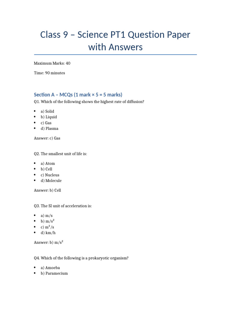 Class 9 Science PT1 Question Paper | PDF | Cell (Biology) | Liquids