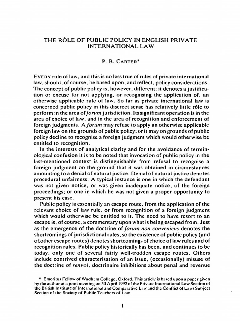 The Role of Public Policy in English Conflicts of Law | PDF | Public ...