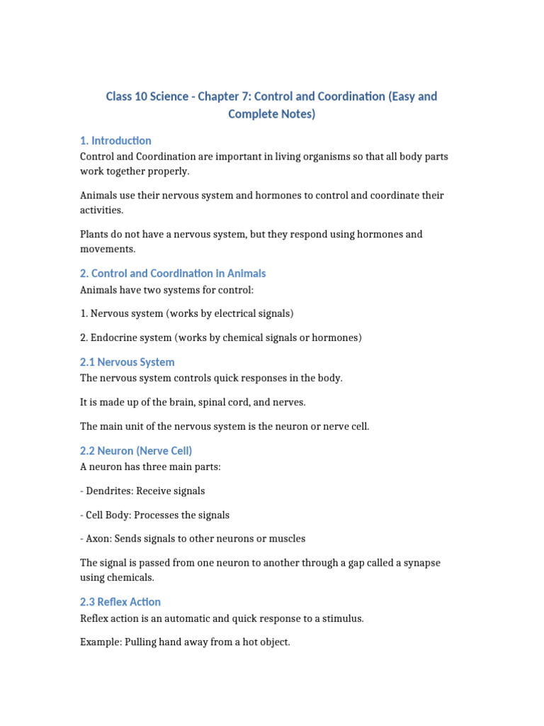 Class 10 Control and Coordination Notes | PDF | Nervous System | Neuron