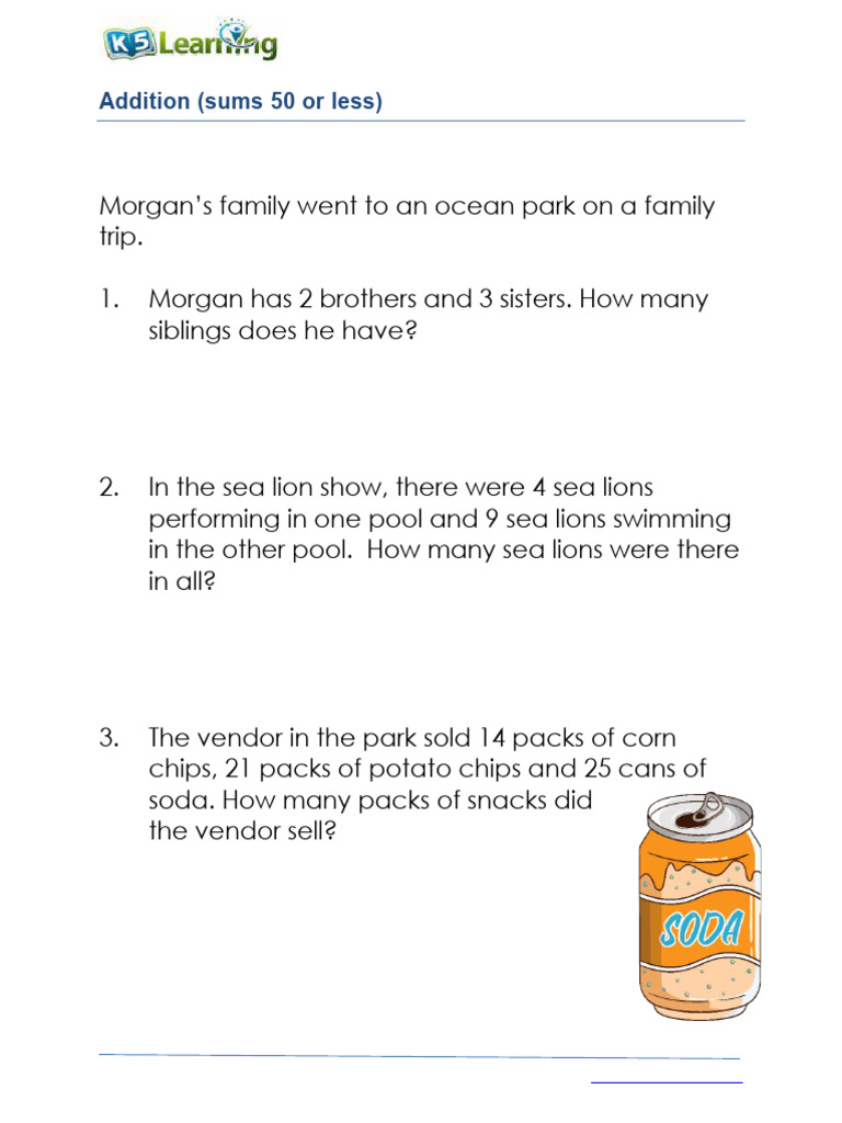 Grade 1 Addition Word Problem Worksheets - Sums Un | PDF