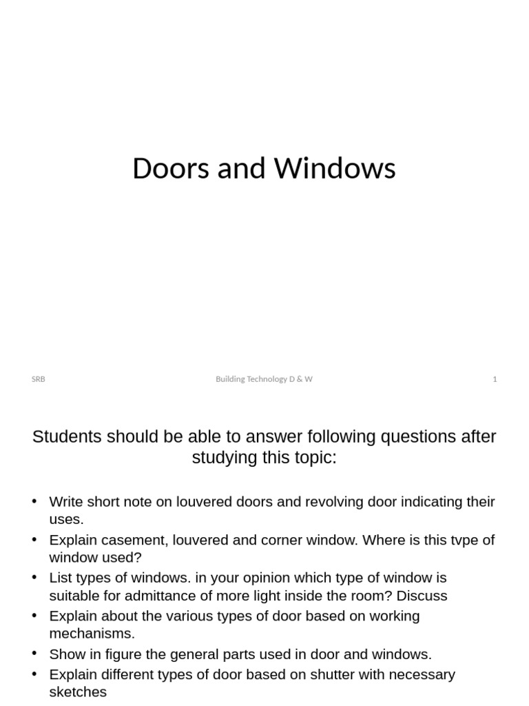 Doors and Windows: Building Technology D & W 1 SRB | PDF | Window | Door