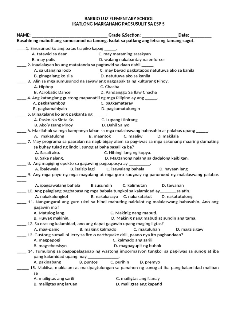Q3 ESP 5 Periodical Test 1 | PDF