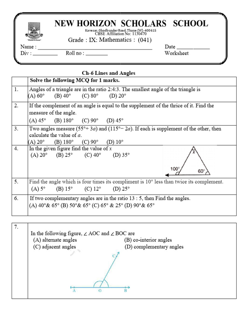 Lines and Angles MCQ Worksheet | PDF | Angle | Classical Geometry