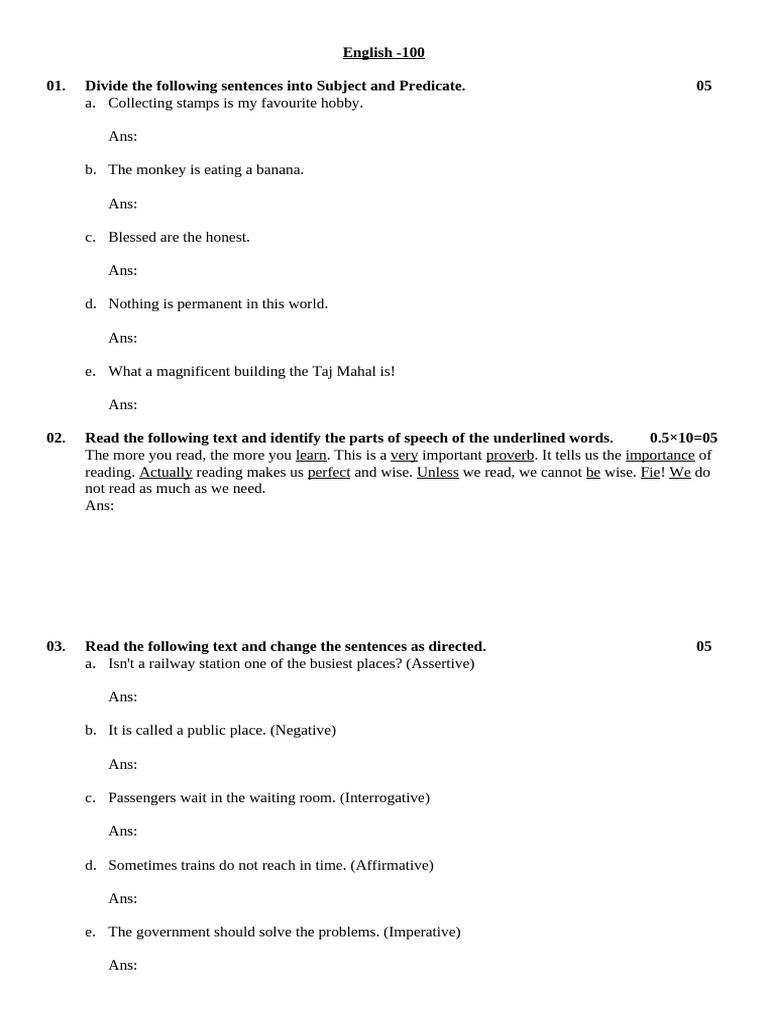 Subject and Predicate Exercises | PDF | Plural | Subject (Grammar)