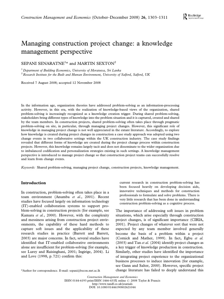 3PCS Managing Construction Project Change, A Knowledge Management ...