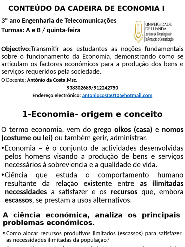 Economia I Aulas-1 | PDF | Oferta e procura | Demanda