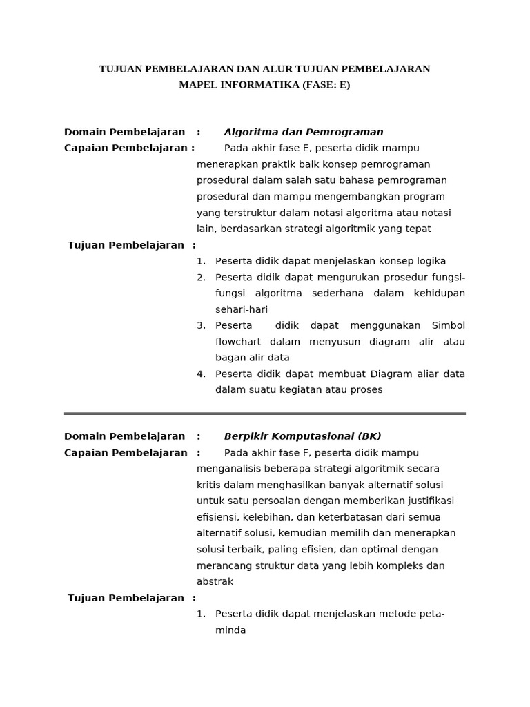 Alur Tujuan Pembelajaran - Informatika - SMK - 10 | PDF