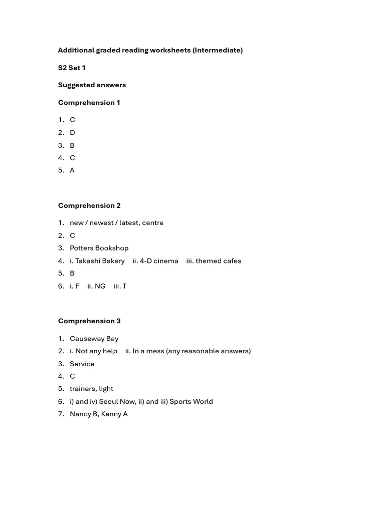Intermediate Graded Reading Worksheets | PDF