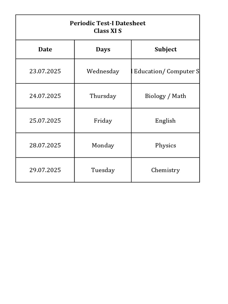 Circular 20250704201152 Class Xi S Datesheet | PDF