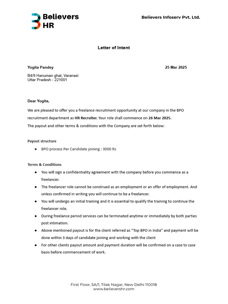 Freelance HR Recruiter Offer Letter | PDF | Justice | Crime & Violence