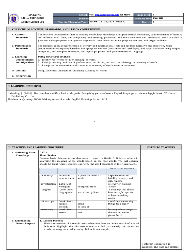 K-10 English Weekly Lesson Log: Week 3 | PDF | Reading Comprehension | Word