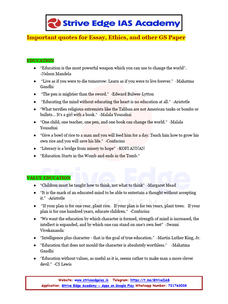 Important Quotes For Essay, Ethics, and Other GS Paper | PDF | Economic  Inequality | Discrimination \u0026 Race Relations, image size:768x1024