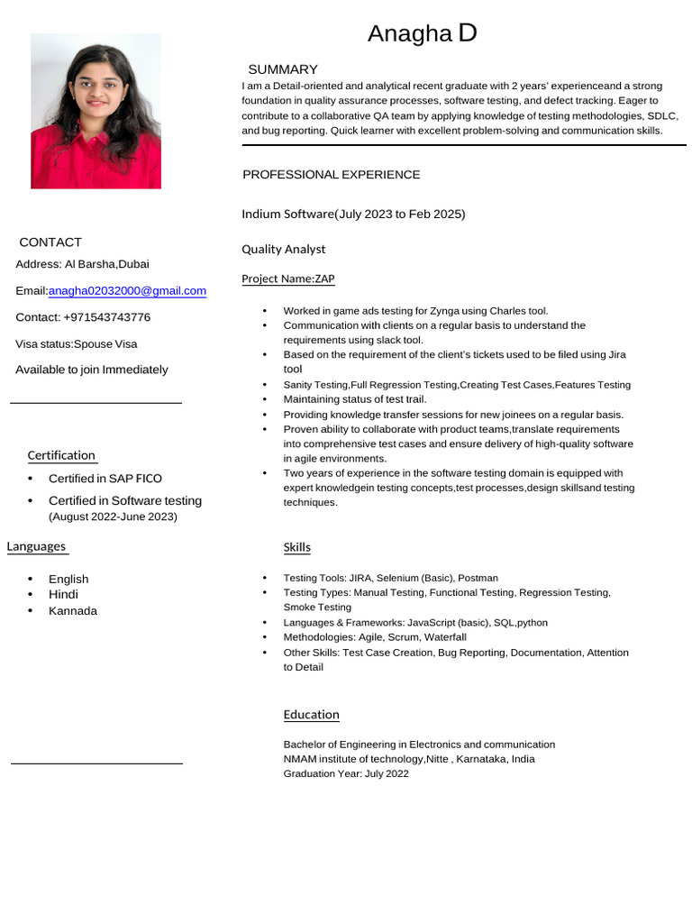 Quality Analyst Resume - Anagha D | PDF | Software Development Process ...