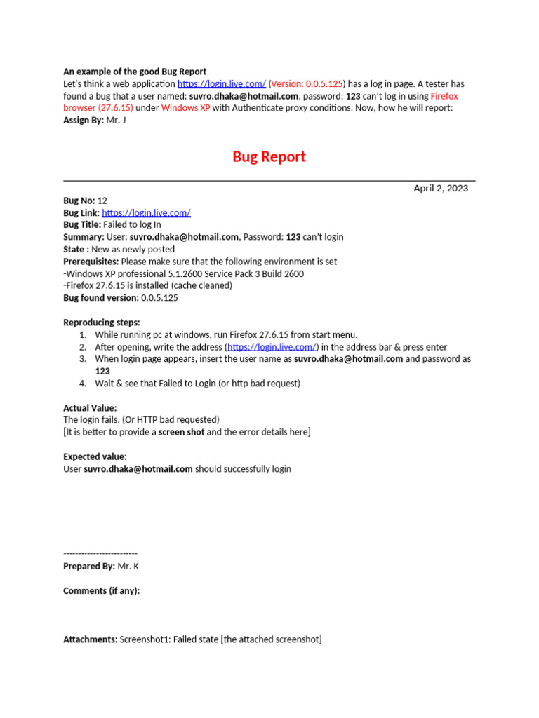 Bug Report Example for Login Failure | PDF