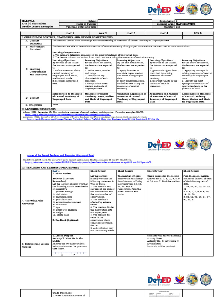 Quarter 1-Week 1-LEsson-Daily Lesson Log Mathematics 8 | PDF ...