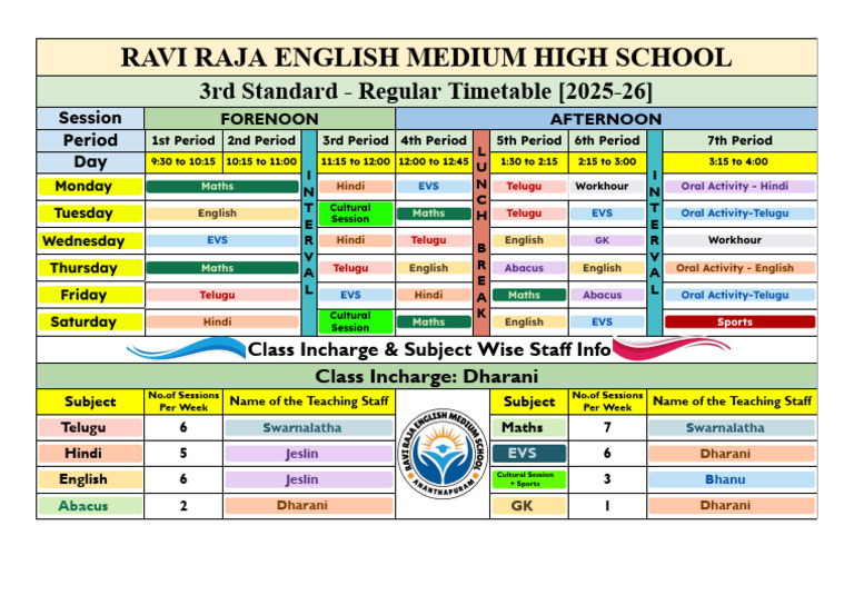 3rd Standard Timetable 2025-26 | PDF