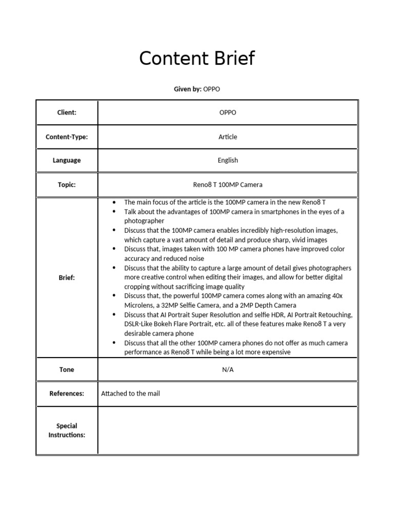 Content - Brief - In-Depth Article - Reno8 T 100MP Camera | PDF