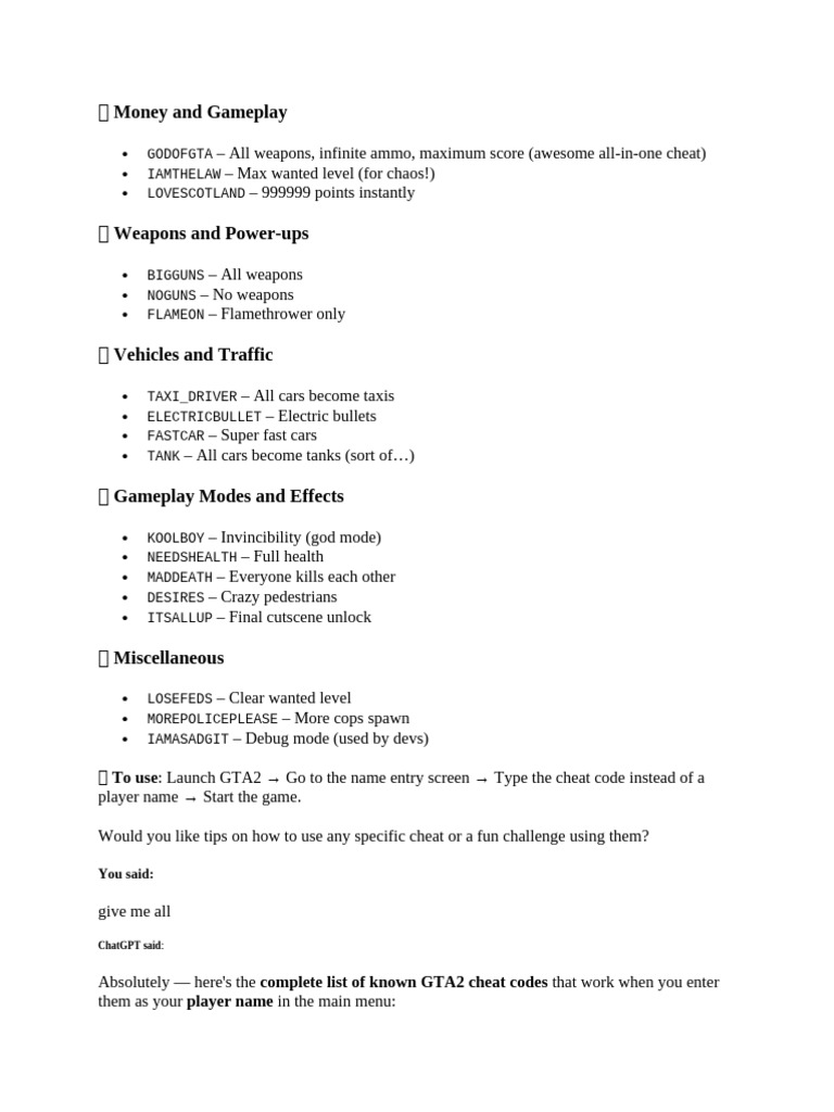 GTA2 Cheat Codes Guide | PDF | Cheating In Video Games | Police Car