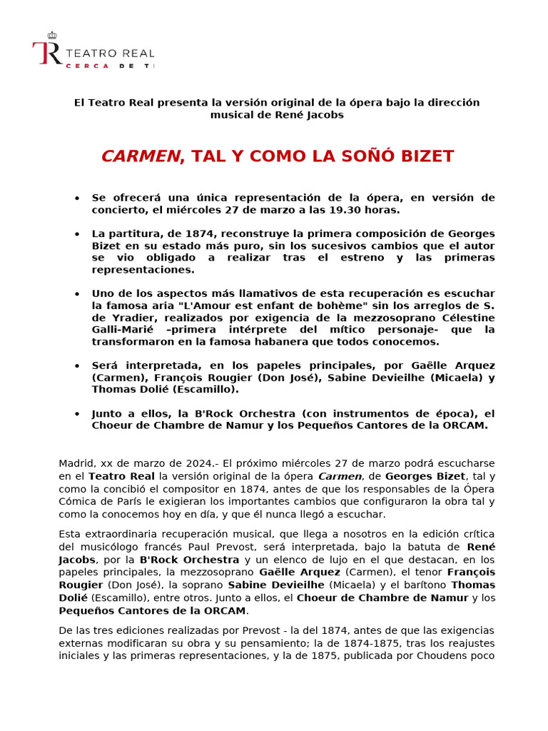 El Teatro Real Presenta La Versión Original de Carmen, Tal y Como La ...