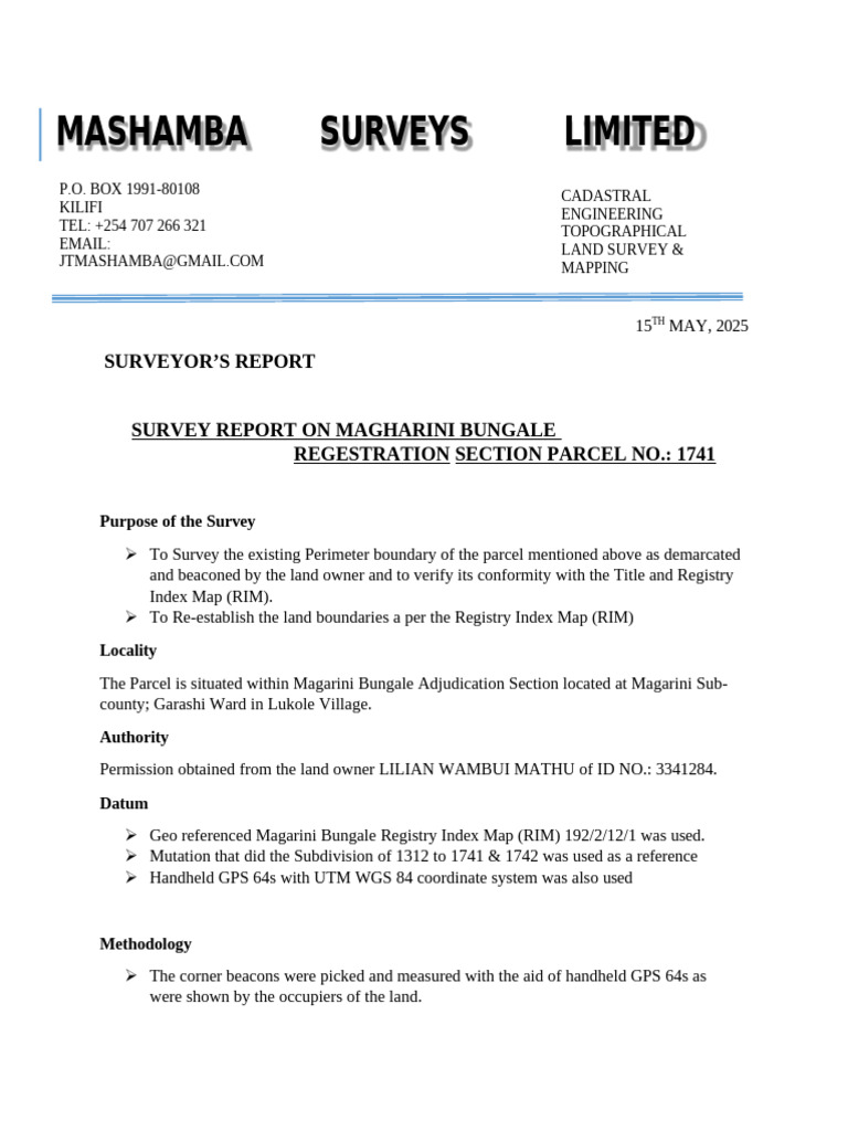 Survey Report for Parcel 1741, Magarini | PDF | Surveying | Geographic ...