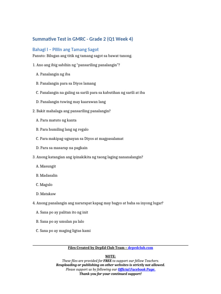 Summ - Test GMRC 2 Q1 W4 | PDF