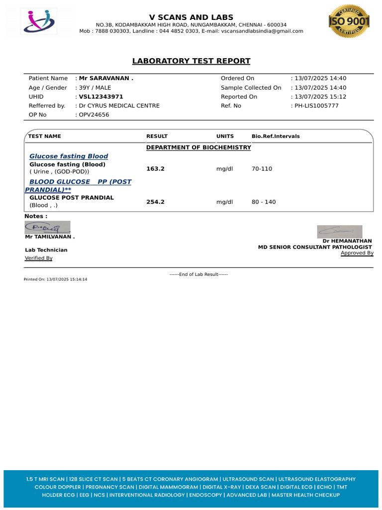 Chennai Lab Test Report for Mr. Saravanan | PDF