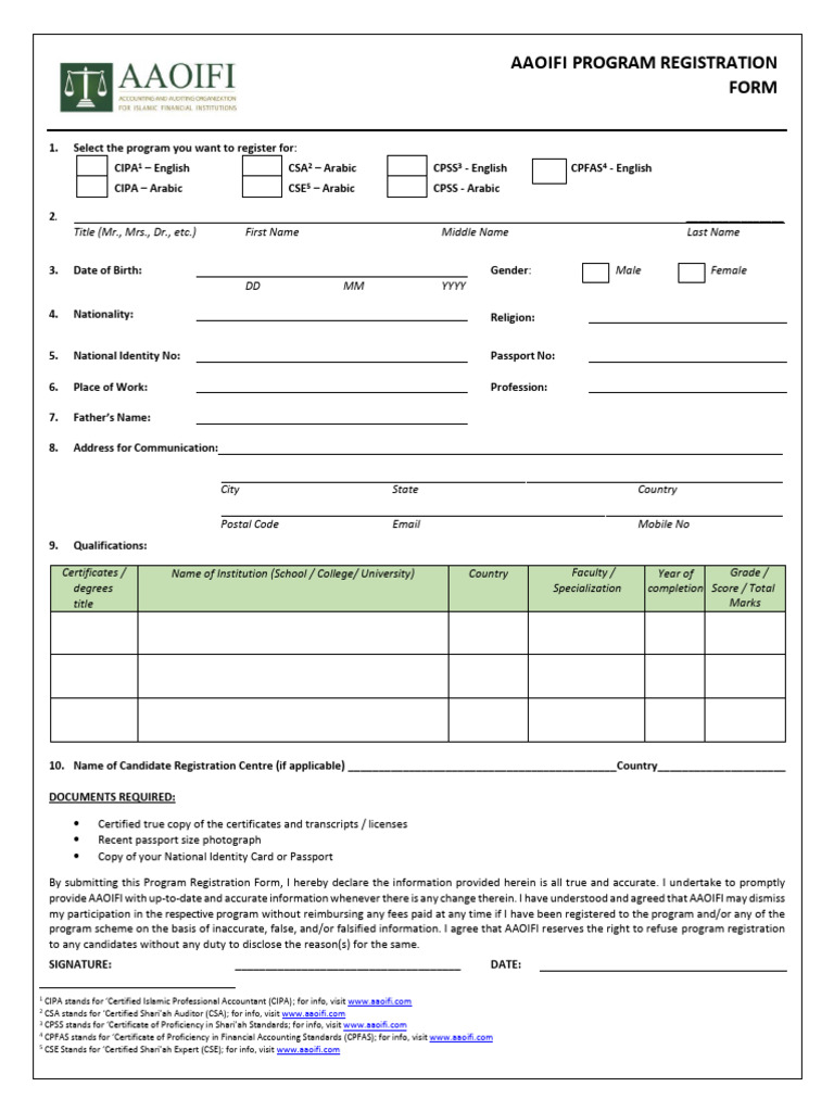 AAOIFI Program Registration Form | PDF