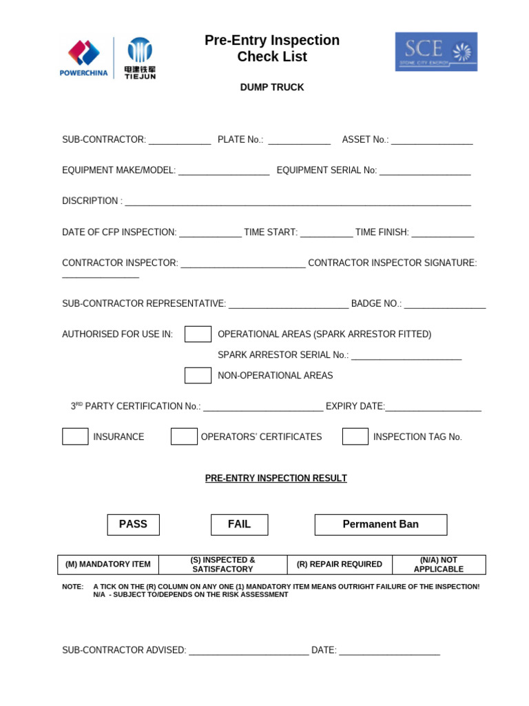 Dump Truck Pre-Entry Inspection Checklist | PDF | Axle | Steering