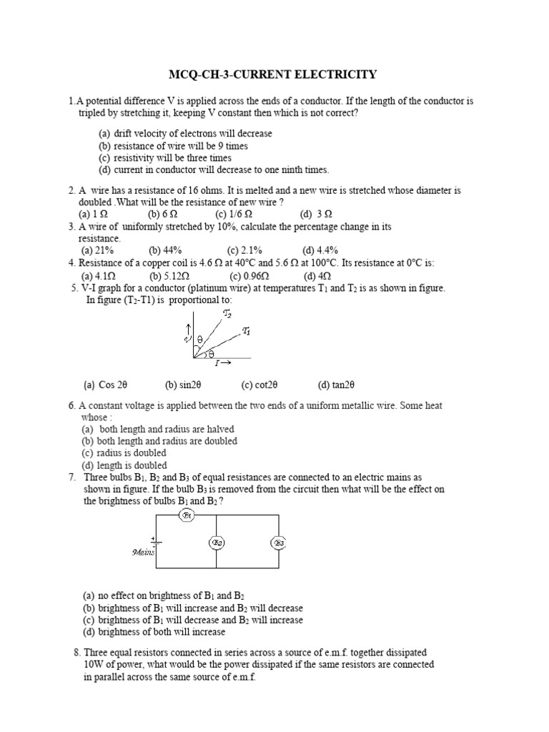 MCQs on Current Electricity Concepts | PDF | Series And Parallel ...