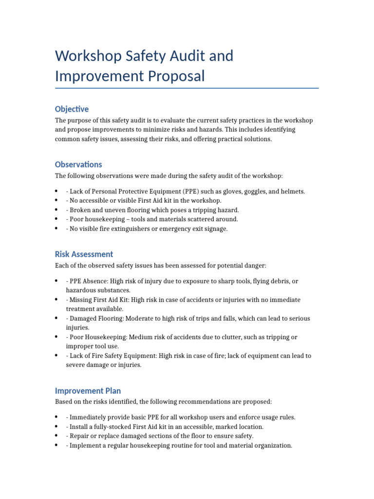 Workshop Safety Audit & Improvement Plan | PDF