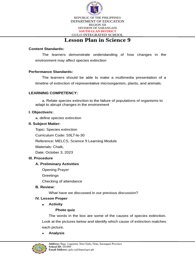 Lesson Plan in Science 9 Species Extinction (Oct 3, 2023) | PDF ...