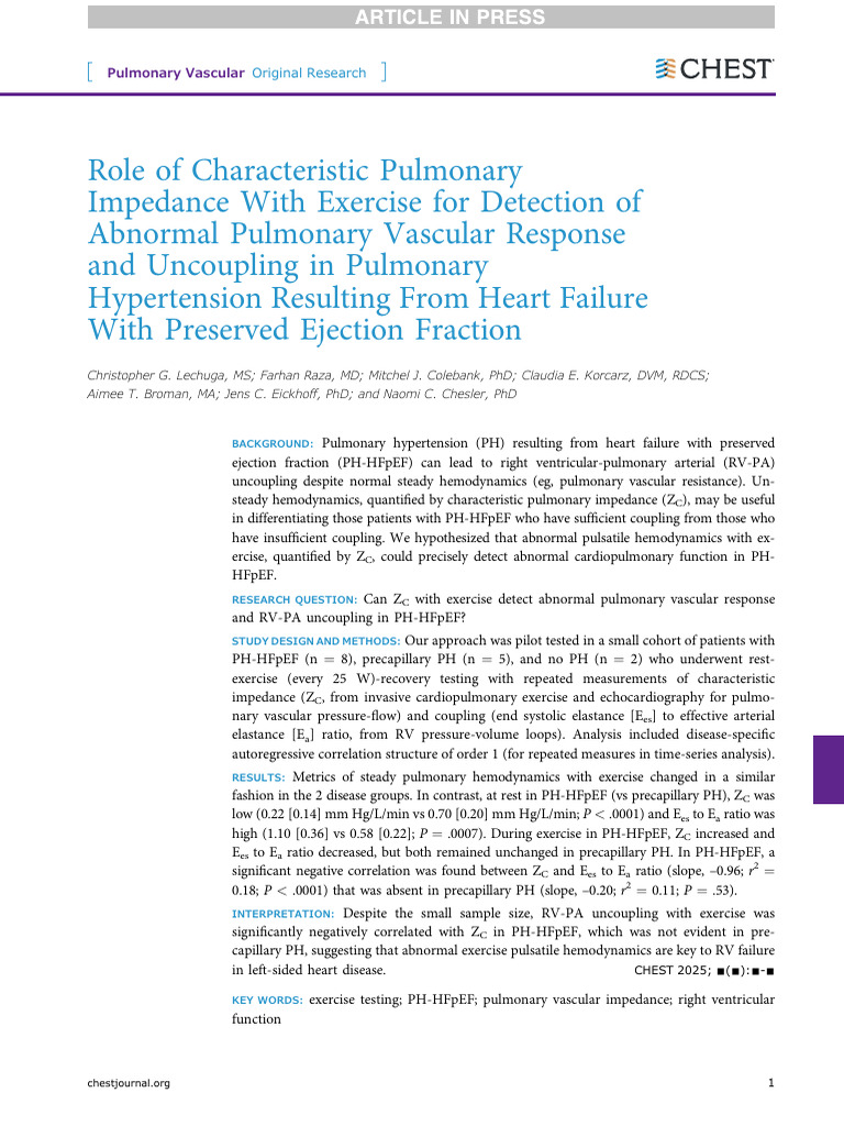 Role of Characteristic Pulmonary Impedance With Exercise For Detection ...