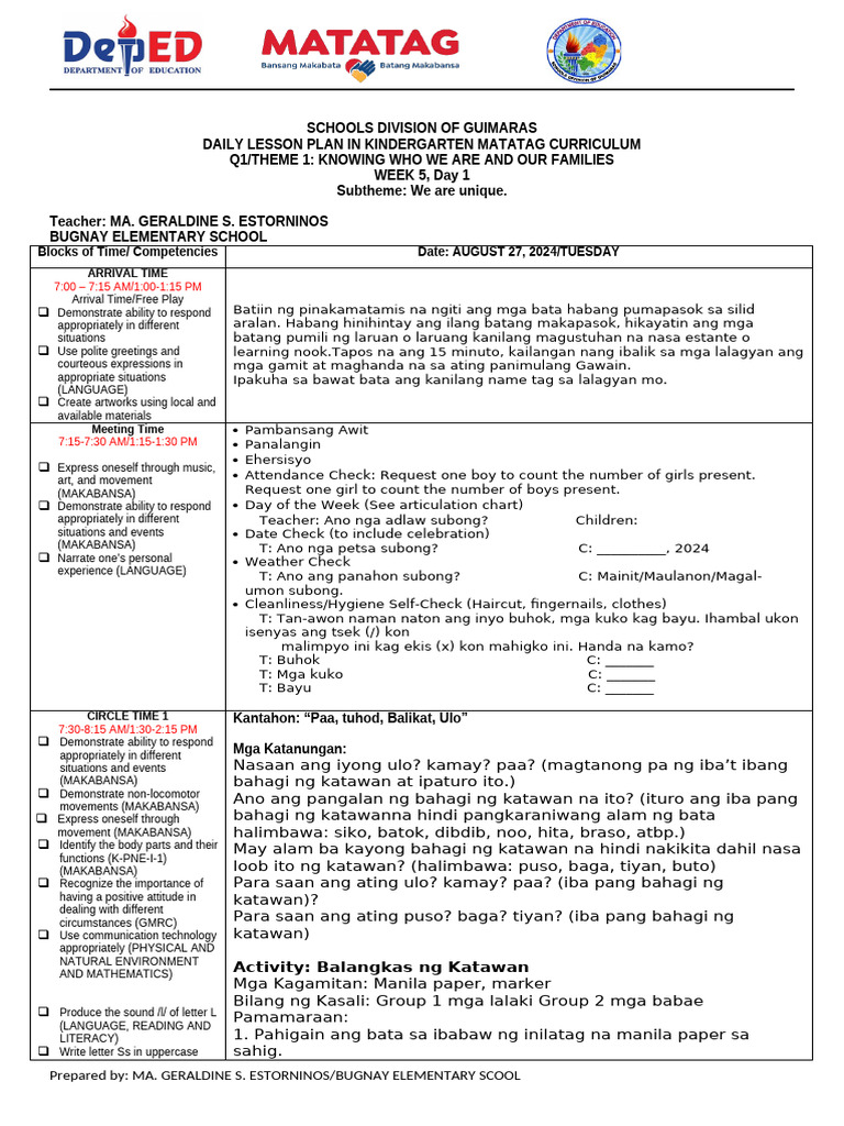 Kindergarten Daily Lesson Plan | PDF | Learning