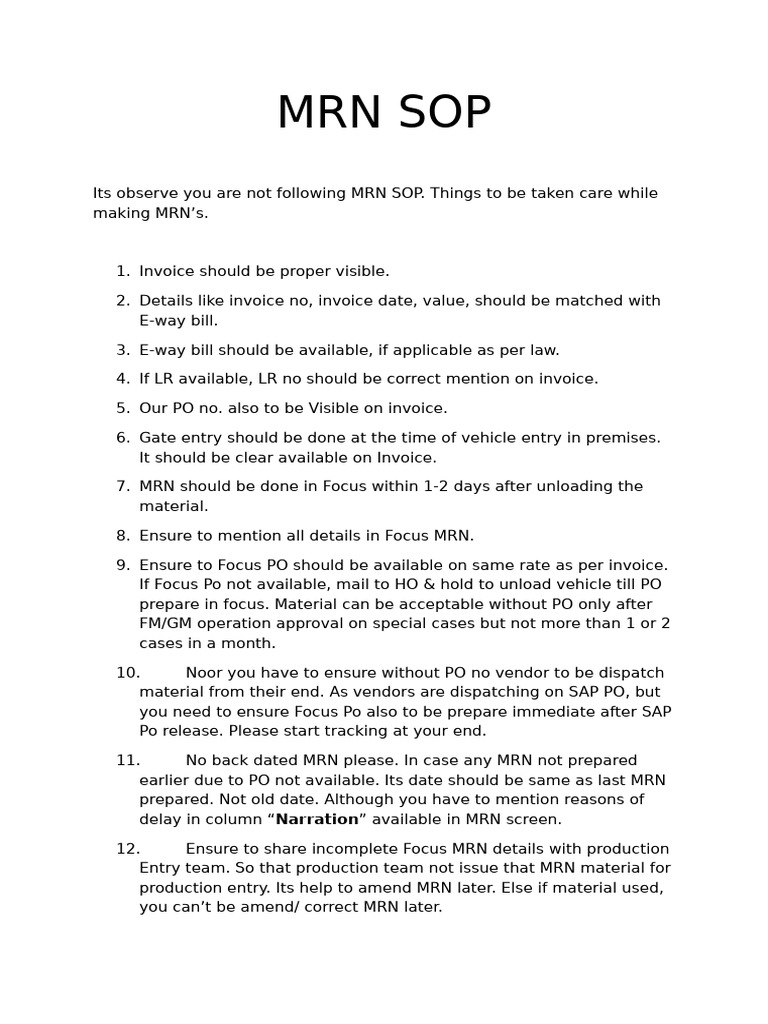 MRN SOP Compliance Guidelines | PDF