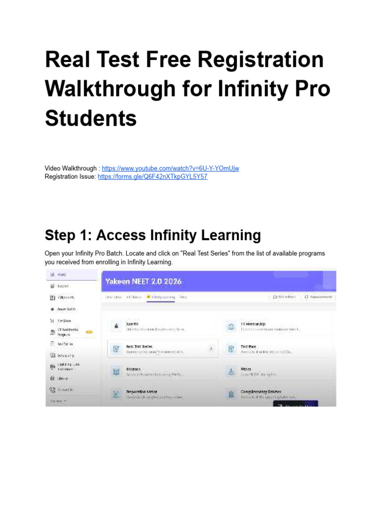 Real Test Free Registration Walkthrough For Infinity Pro Students | PDF