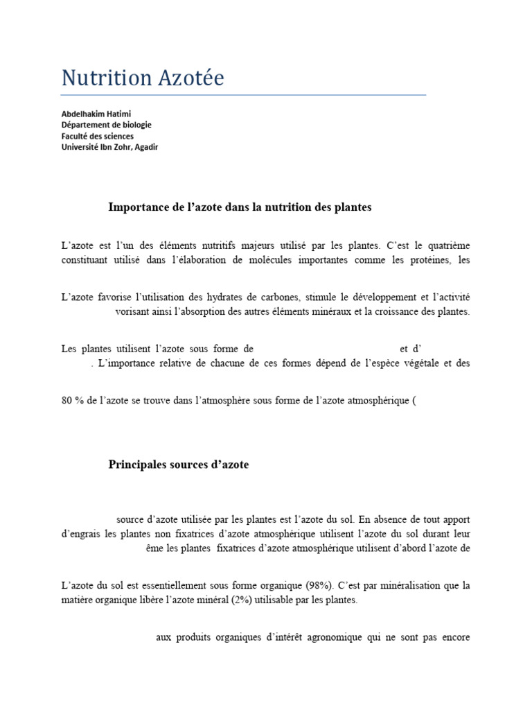 Rôle de l'azote dans la nutrition des plantes PDF Sol (pédologie — free download
