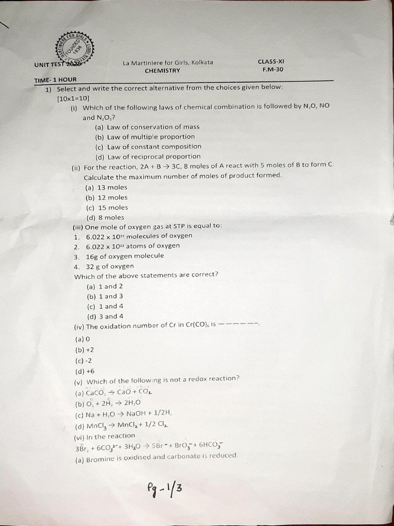 Class XI Chemistry Exam Questions | PDF | Redox | Mole (Unit)