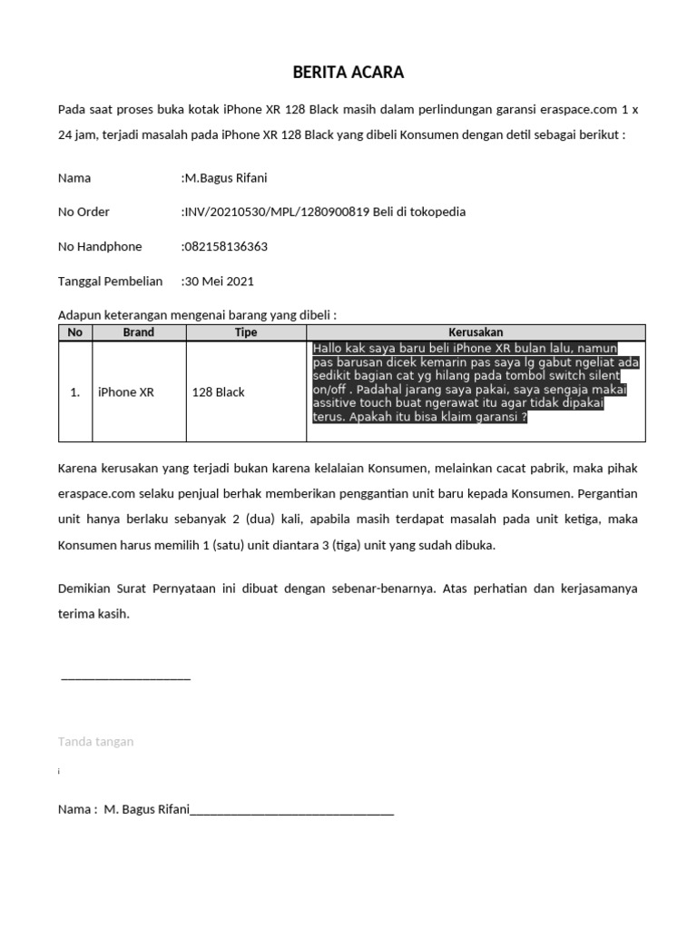 Template Berita Acara Claim DOA | PDF
