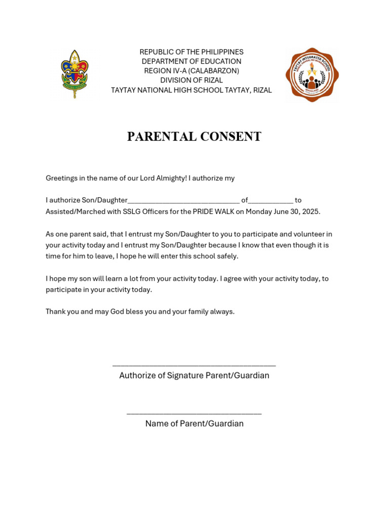 Parental Consent for Pride Walk Event | PDF
