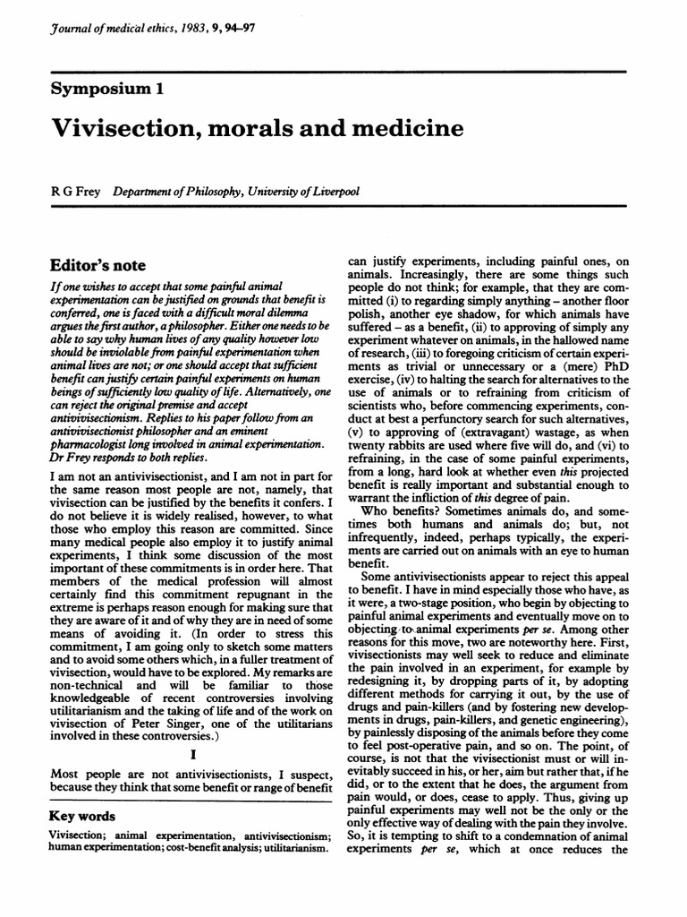Experiments On Animals - Frey | PDF | Animal Rights | Reason