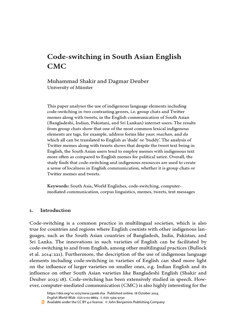 Code-Switching in South Asian English CMC Shakir and Deuber (2024 ...