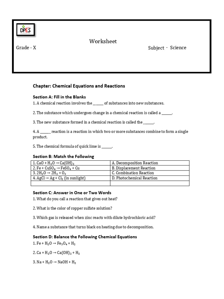 Chemical Reactions and Equations Worksheet | PDF