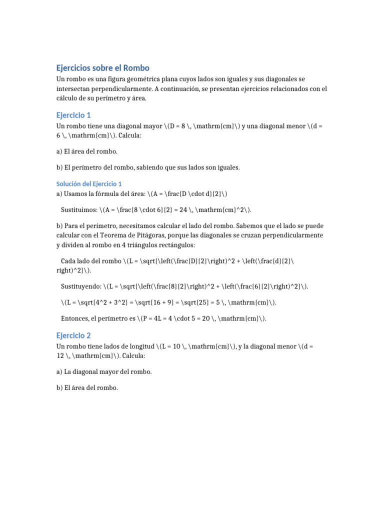 Ejercicios de Área y Perímetro del Rombo | PDF