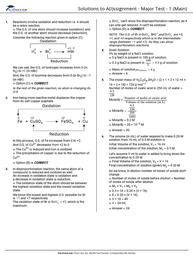 A (I) Ssignment Major Test 1 Main - Solution-1748954993 | PDF | Redox ...