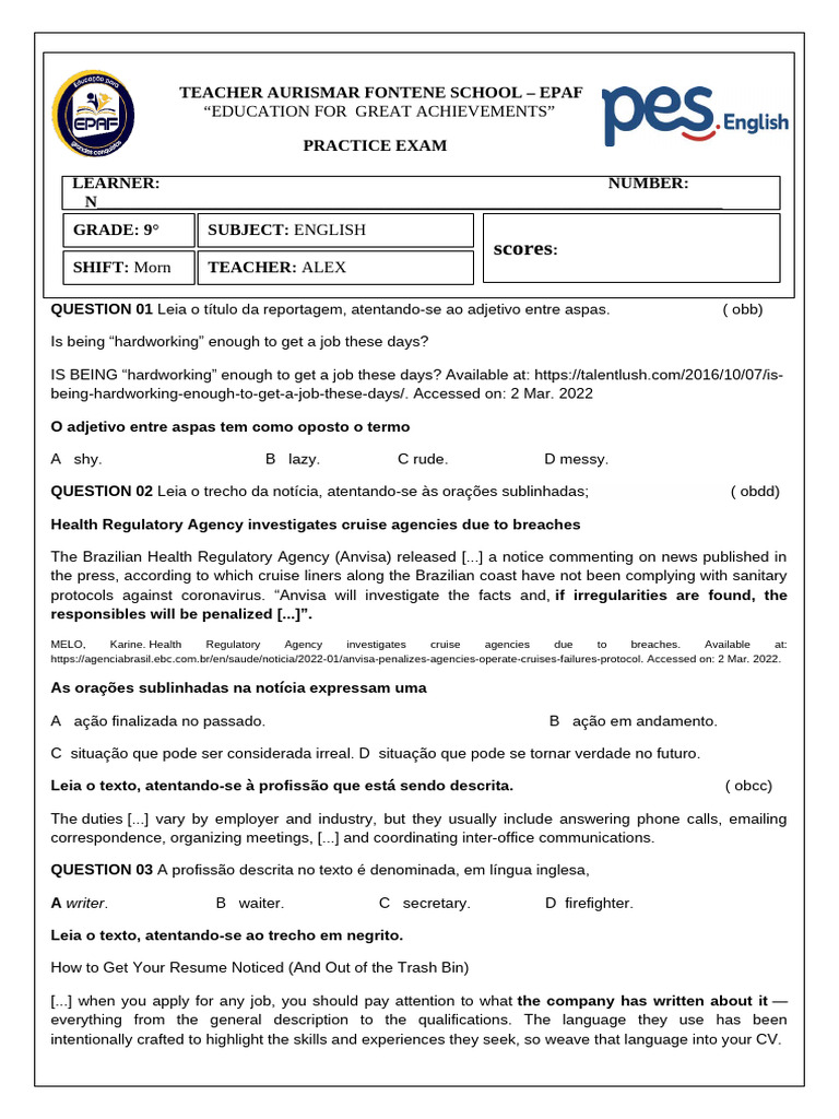 Grade 9 English Practice Exam Guide | PDF