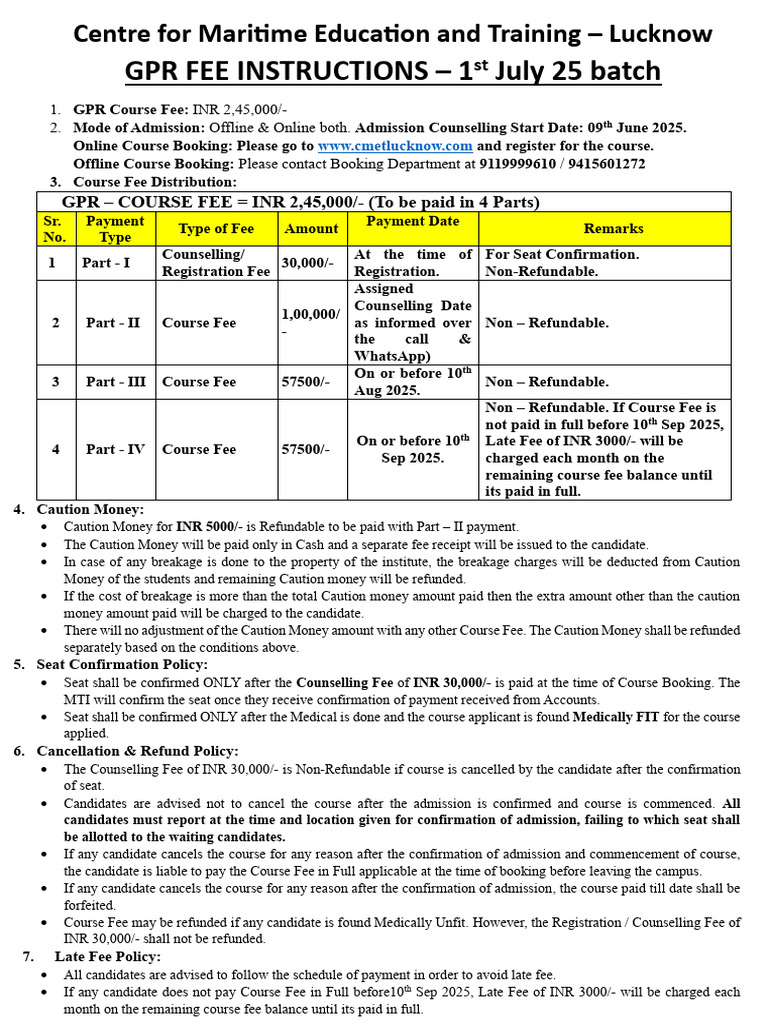 GPR - Fee Instructions - Jul 25 - 250625 - 125111 | PDF | Fee | Payments